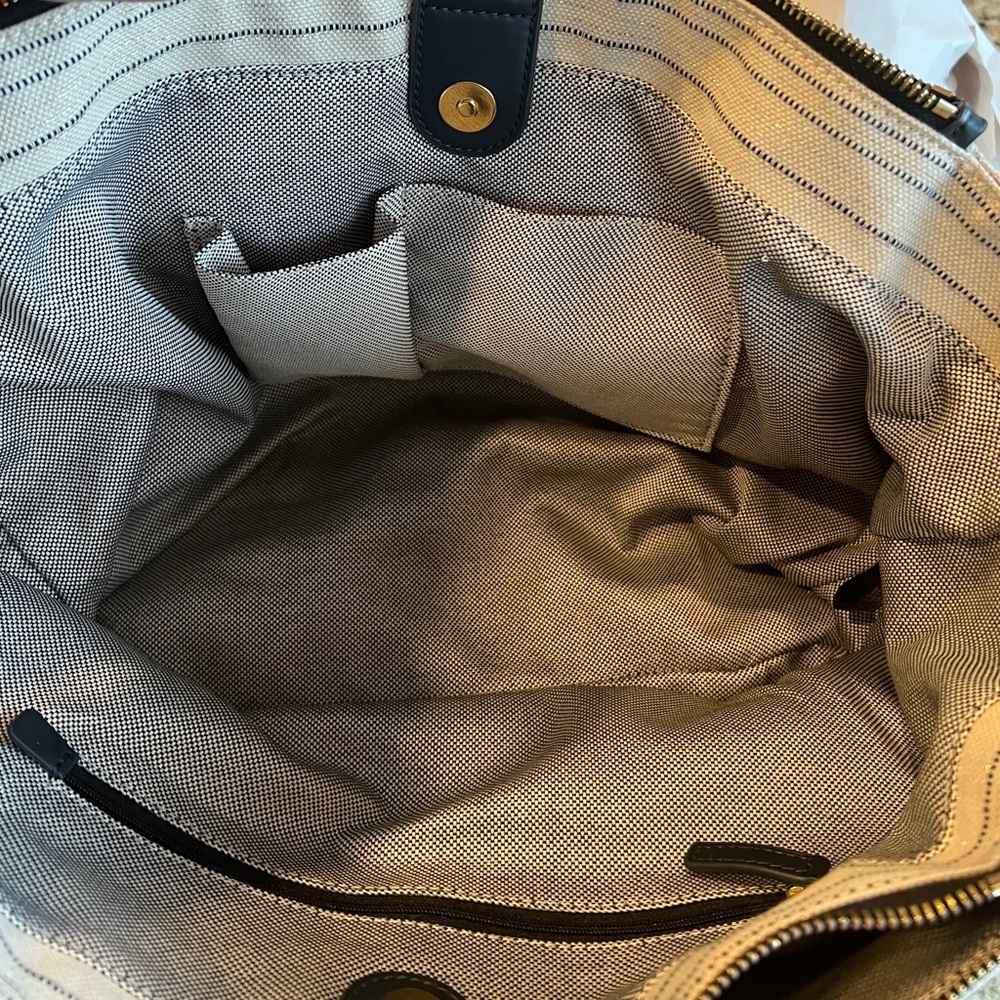 Vince Camuto Neutral and Navy Canvas Tote with Leather Accents - Picture 6 of 10